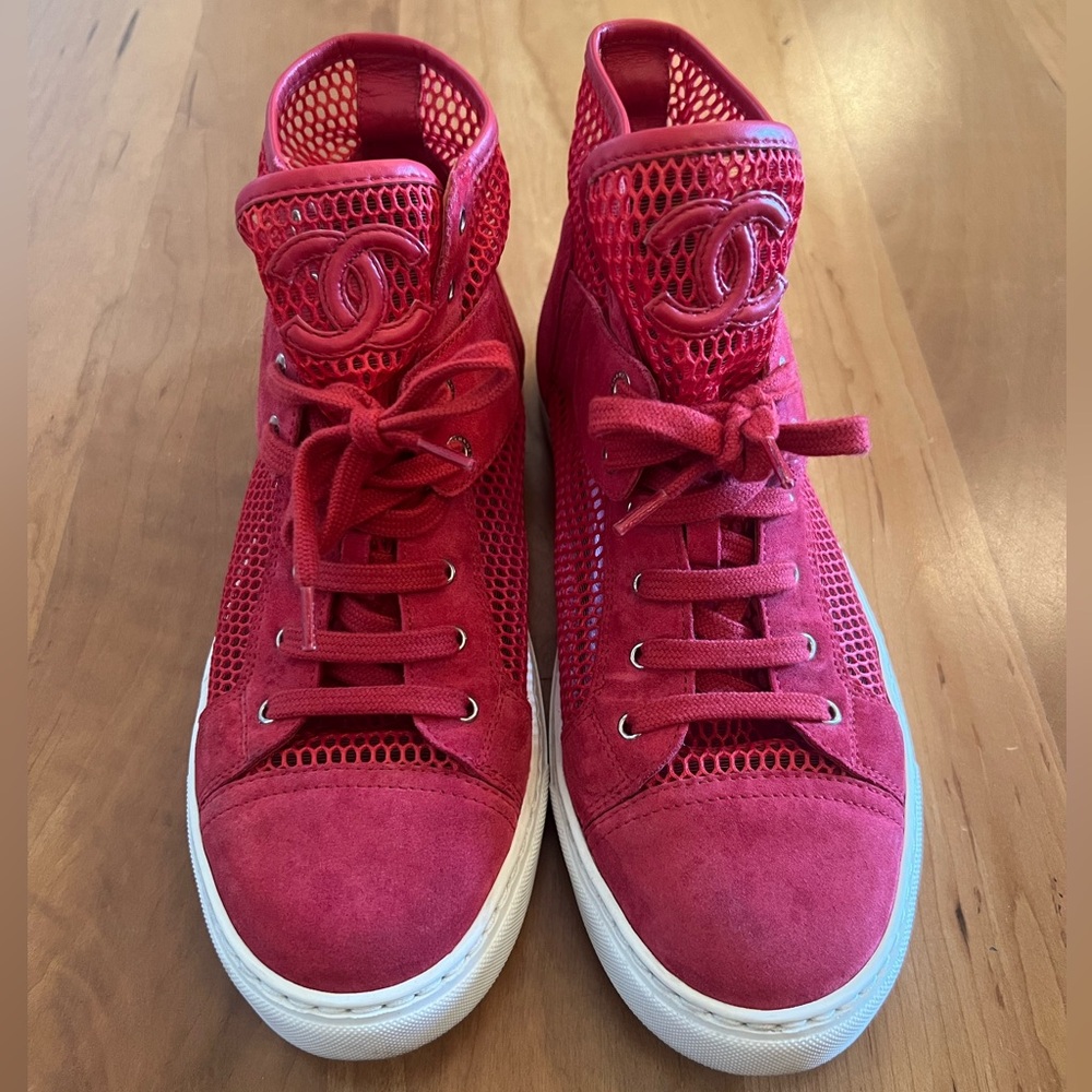 CHANEL Red Mesh High-Top Sneakers